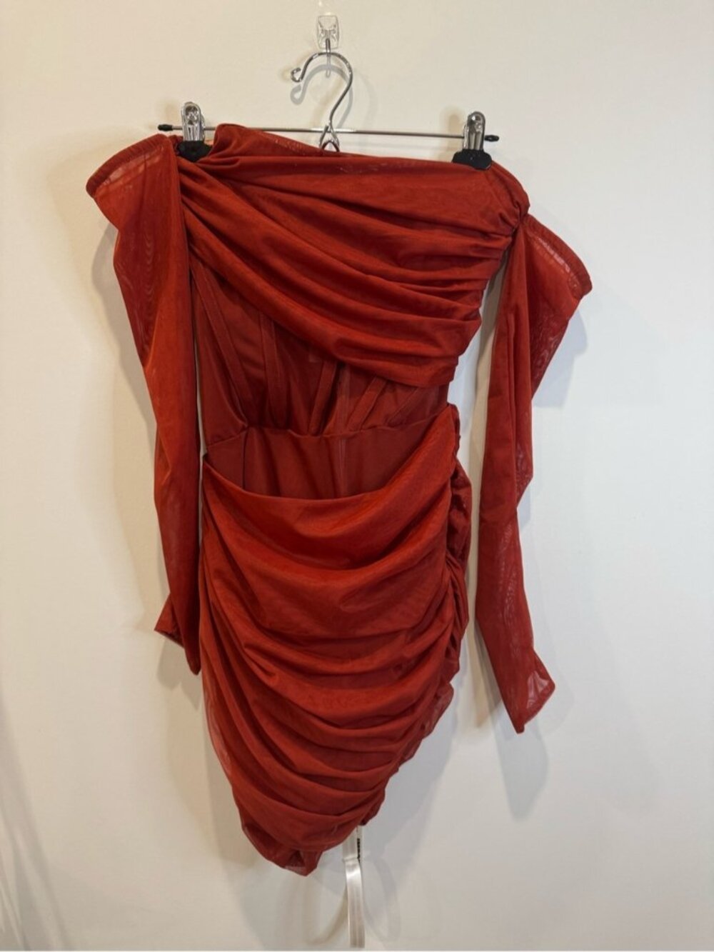 Mistress Rocks Rust Red Ruched Off Shoulder Mini Dress Size Small 0746 - Picture 2 of 13